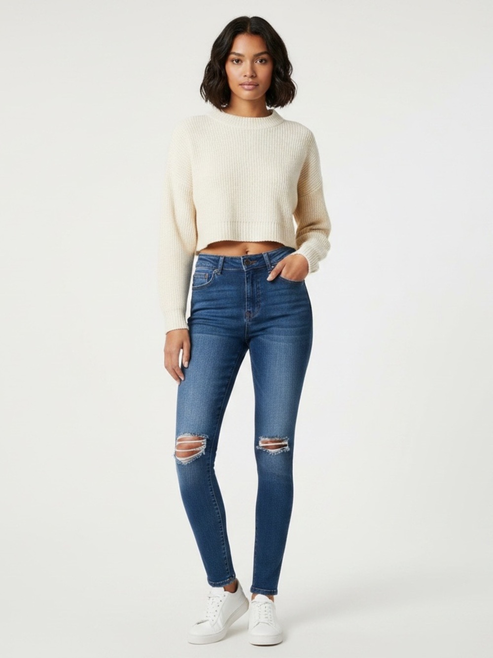High-Rise Ripped Skinny Jeans in Medium Blue